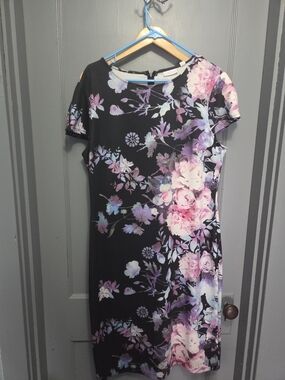 New York & Company Black Midi Dress with Pink & Purple Floral Print